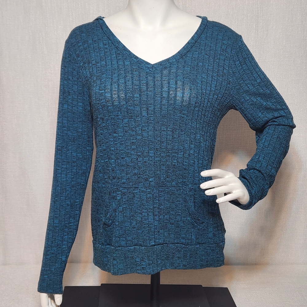 Zenana Oufitters Long Sleeve Hooded Sweater Lightweight Teal Large